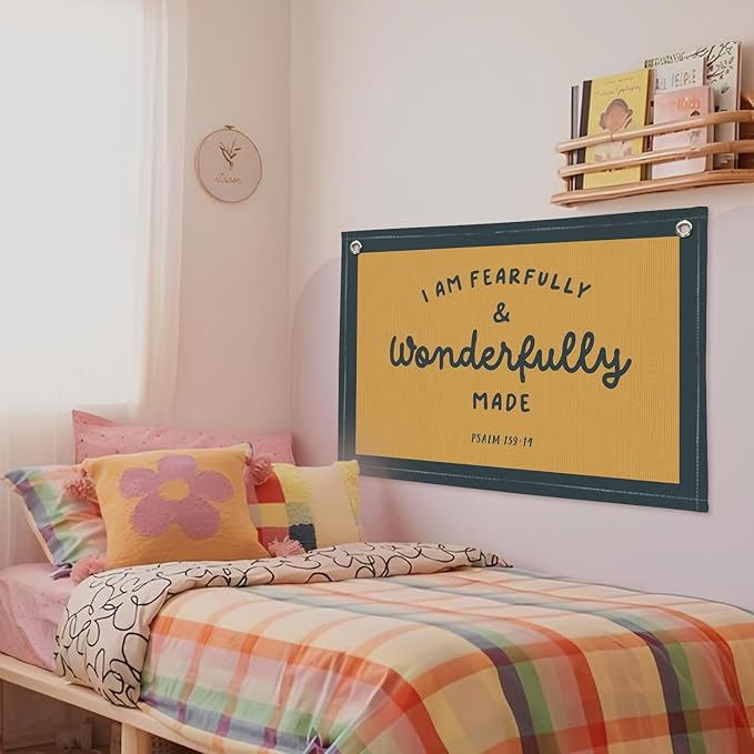 Kids Room Decor - Bible Verse Wall Hanging, 'I am Fearfully and Wonderfully Made' Linen Banner, Canvas Decoration for Classroom, Nursery - Retro