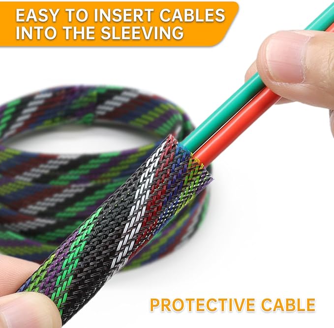 Braided Wire Loom Sleeve - Pet Proof Chew Resistant Cable Wrap, High Density Expandable Cable Sleeving for Automotive Wire Harness & PC Computer Case 16.4ft (7 Colors, 4mm (5/32"))