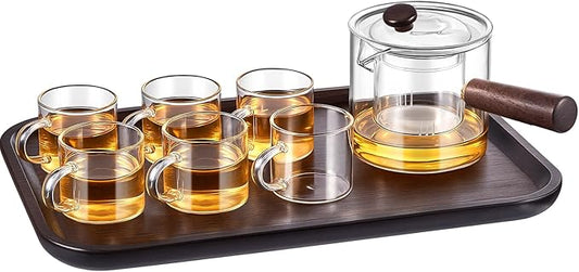 Bokon 8 Pcs Glass Teapot Set 500ml Glass Teapot with Removable Infuser 6 Pcs 100ml Transparent Cups and Bamboo Tea Tray for Home Travel Office Outdoor Gifts
