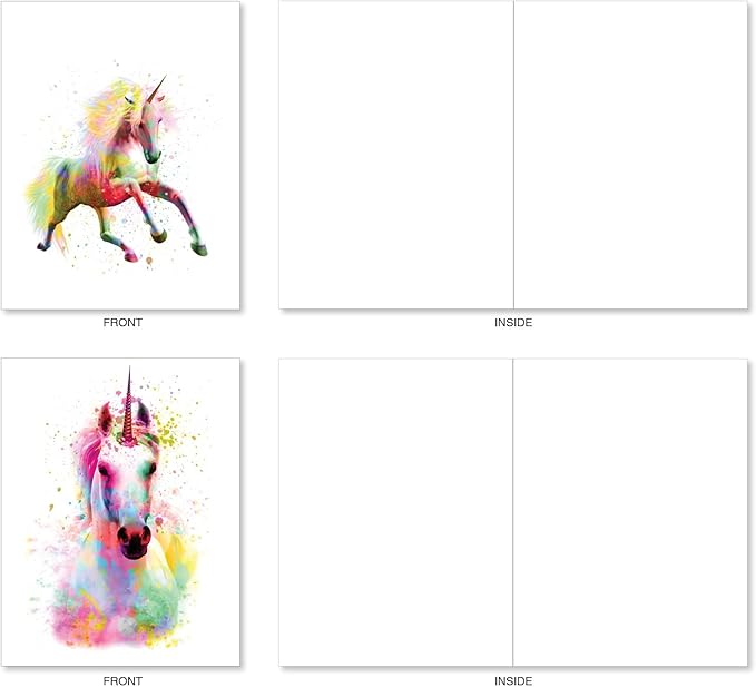 The Best Card Company Assorted Watercolor Blank Greeting Card Box Set - Incl. 10 Notecards + Envelopes, 20 Unique Designs for Thank You, Invitations, More - Funky Rainbow Unicorns AM6748OCB-B2x10-NB