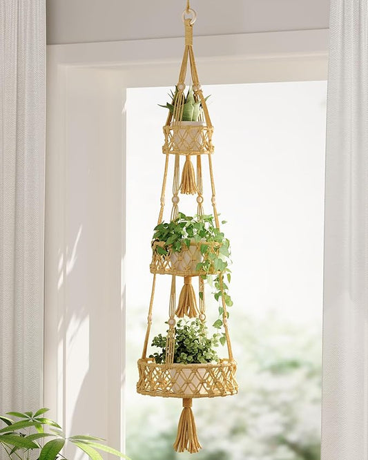 Leaf&lull Macramé Plant Hanger Indoor 3-Tier Hanging Planters for Indoor Outdoor Plants Boho Hanging Plant Holder Woven Plant Basket Decorative Haning Flower Pot Holder for Home Decor