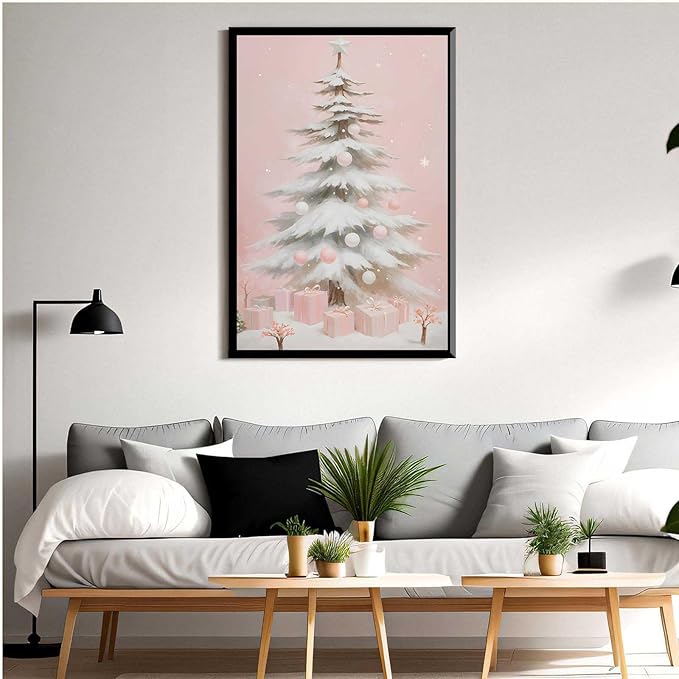Framed Canvas Wall Art Pink Christmas Tree Wall Art Print Holiday Poster Trendy Christmas Decor 24x36in Metal blackFramed