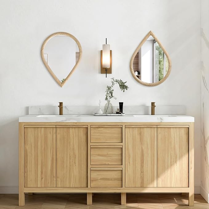 Small Wall Mirror Decorative Farmhouse Rustic Teardrop Wall Hanging Mirrors Walnut Wood Framed Irregular Mirror for Bathroom Living Room Bedroom Entrance
