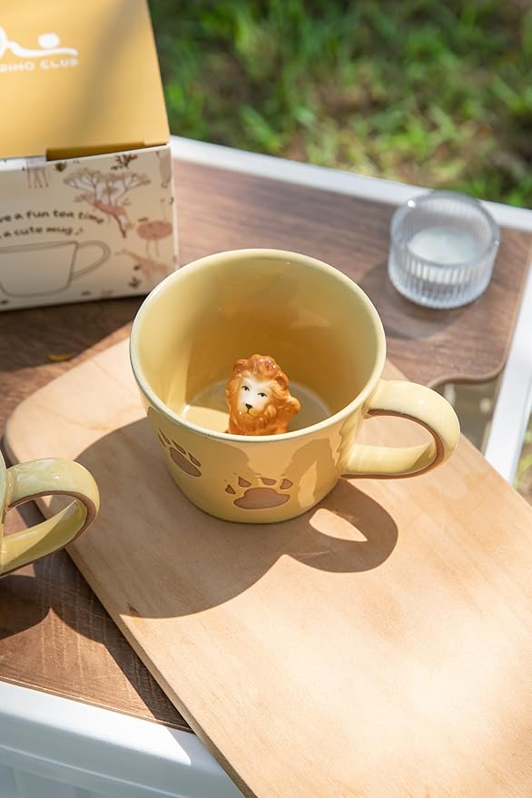 DIHOclub Lion Coffee Mug Ceramic 3D Wild Animal Inside Cup,Cute Cartoon Handmade Figurine Mugs,Holiday and Birthday Gift for Coffee Milk Tea Lovers,12 OZ (Yellow Lion)
