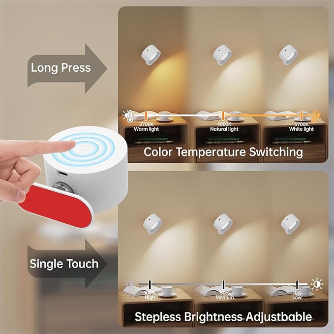 Romote LED Wall Sconce - Rechargeable Wall Light, 3 Colors & 3 Brightness Levels, 360° Magnetic Rotating Head, Bedside Reading Lamp, Easy Install Battery Operated Wall Lamp Black Pack of 2