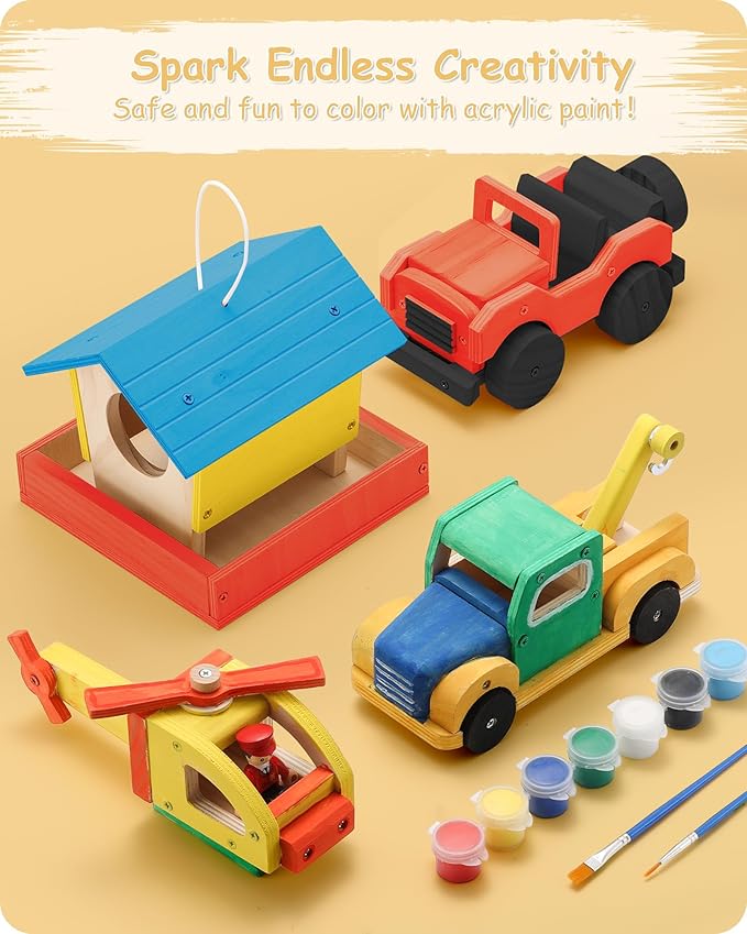 SainSmart Jr. Woodworking Building Kits for Kids with Birdhouse, 4-in-1 Kids STEM Projects Set, DIY Wood Crafts Assembly Toys with Paints & Brushes for Boys and Girls