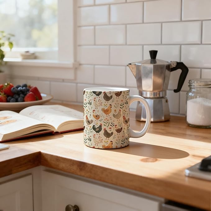 Farmhouse Chicken Mug 11 oz, Chicken Mom Lady Gifts Coffee Cups Ceramic, Cottagecore Farm Animal Lover Gifts Ceramic Mug for Coffee Tea Hot Cocoa Home Office Work