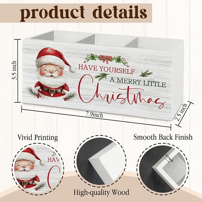 Christmas Santa Pen Pencil Holder Organizer for Desk Accessories, Winter Xmas Santa Claus Holiday Wooden Box Sign Desk Decor for Home Office Decoration, Christmas Office Decor