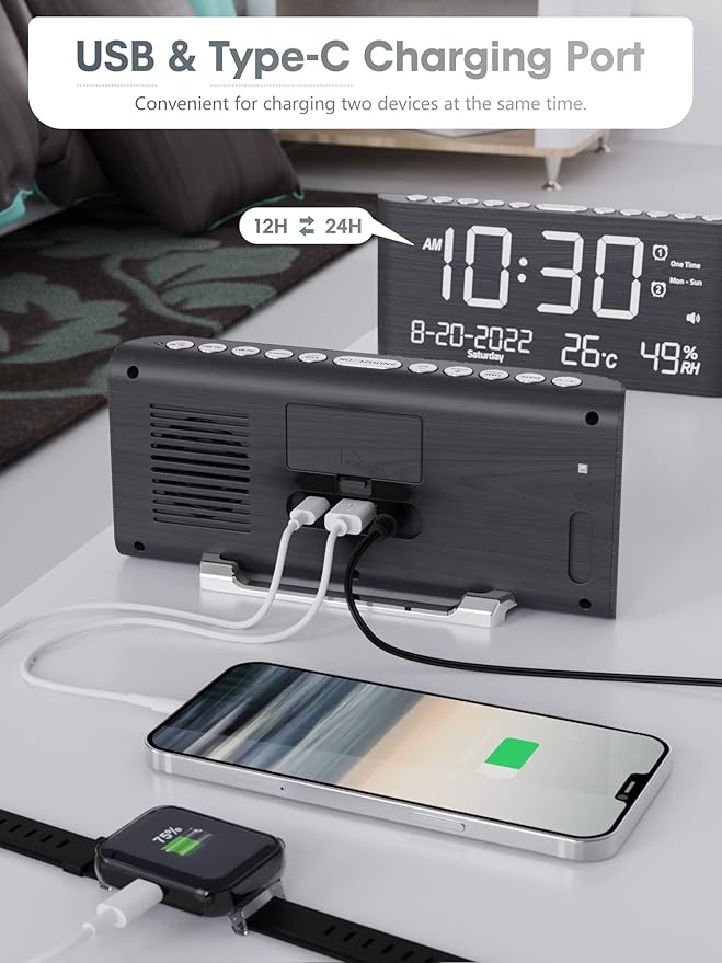 Raynic Alarm Clock, 8.7 Inch Digital Clock, Alarm Clock with USB and Type-C Charger,Dual Alarms,Temperature, Humidity,Date, 5 Adjustable Volume and 5 Dimmer for Bedroom Living Room Office (Grey)