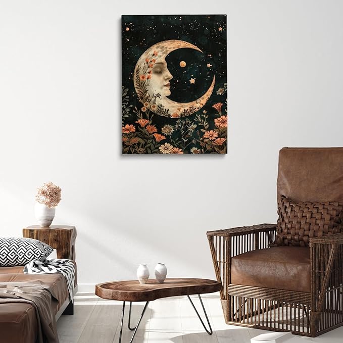 Dark Moody Crescent Moon William Morris Print,Dark Cottagecore Wall Art,Celestial Stars Floral Art Print,Witchy Academia Decor Vintage Cottagecore Decor for Bedroom Dorm 20x30in Unframed poster