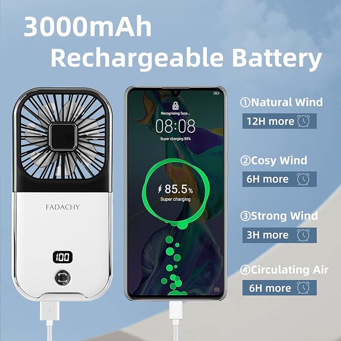 FADACHY Mini Handheld Fan - USB Rechargeable 3000mAh Battery Operated, Personal Fan for Outdoor, Indoor, Travel, Camping, Office