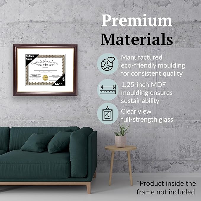 Creative Picture Frames 14x16 Mahogany Gold Rim Diploma Frame with White Mat Glass and Installed Wall Hangers | Frame Holds 16x20 Media without Mat
