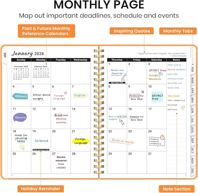 2026 Planner, Weekly and Monthly Calendar Planner for Women, Jan 2026 - Dec 2026, Hardcover Planning Agenda book with Tabs, Spiral Bound, Inner Pocket, Perfect for School Office Supplies, 6.3" x 8.5" - Bright Orange