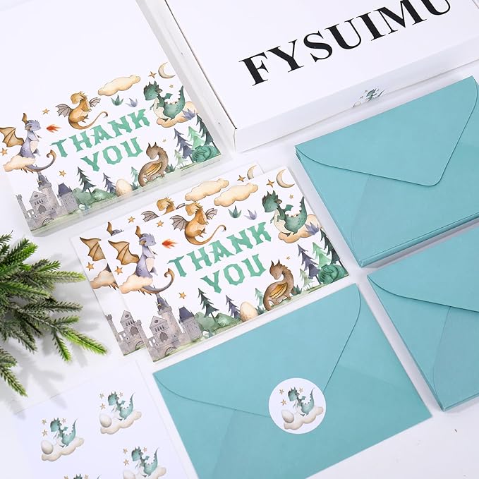 50 Pack Cartoon Dragon Baby Shower Thank You Cards Boxed Greeting Cards with Envelopes Stickers Blank Note Card for Birthday Party Supplies