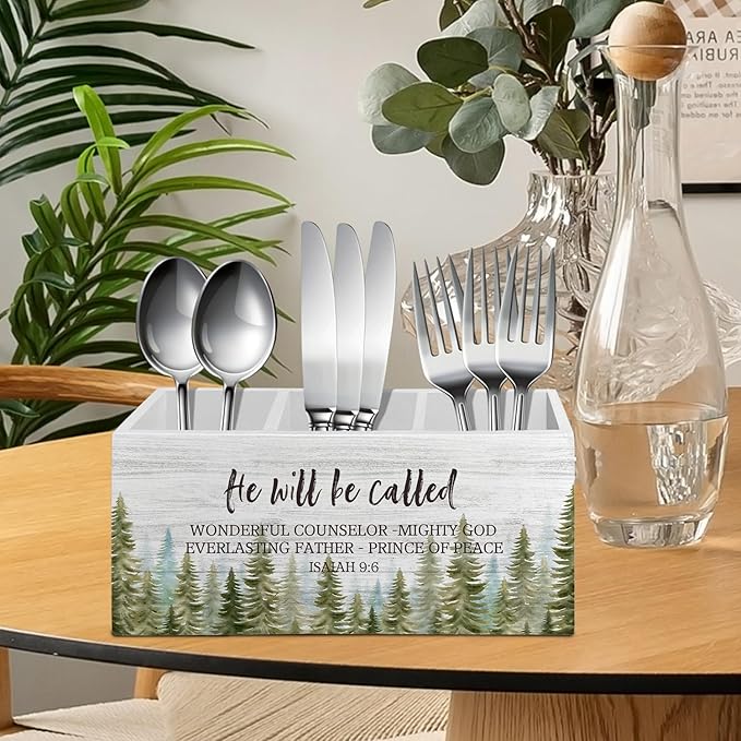 Christian Christmas Pen Pencil Holder Organizer for Desk Accessories, Winter Xmas Tree Bible Verse Scripture Wooden Box Sign Desk Decor for Home Office Decoration, Religious Christmas Decor