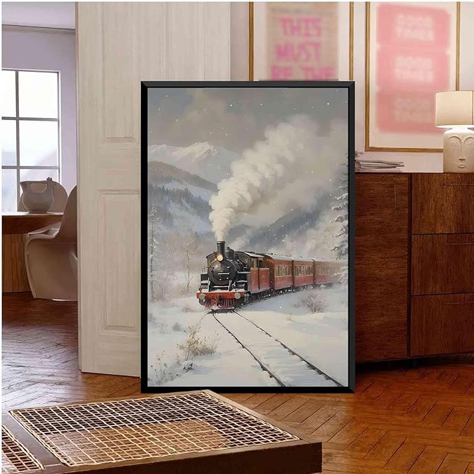 Framed Canvas Wall Art Christmas Print Train Painting Winter Scenery Landscape Snowy Railroad Wall Art Moody Christmas Decor 20x30in Metal blackFramed