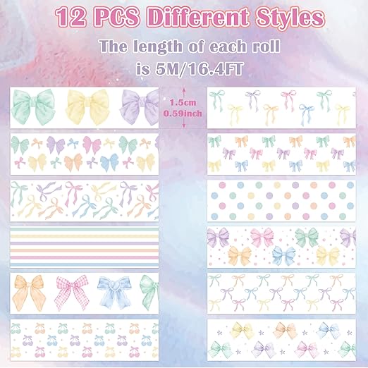 Watercolor Bow Washi Tape - 12 Rolls Pastel Preppy Aesthetic Decorative Acid Paper for Scrapbook, Journal Decor, Gift Wrapping, Photo Albums & DIY Crafts, Residue Free Easy Tear Adhesive
