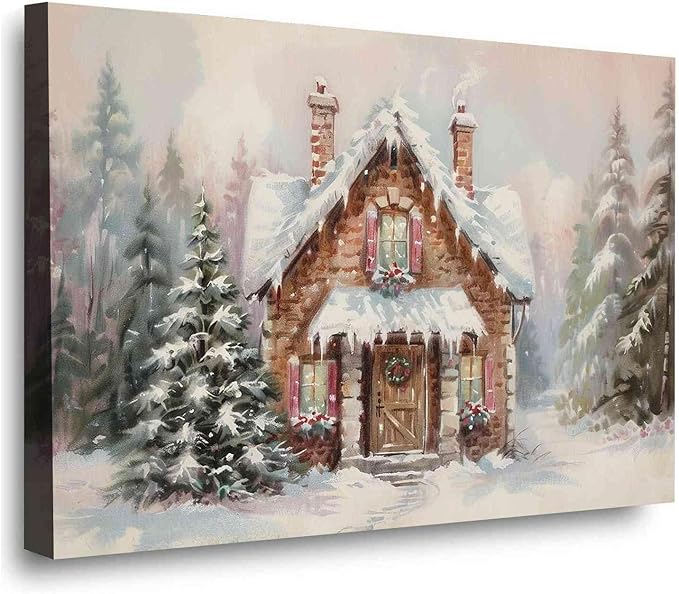 Snowy Cabin Wall Art Christmas Landscape Print Watercolor House Poster Festive Holiday Canvas Print Rustic Winter Scene Wall Decor Indoor Decor for Living Room Bedroom Kitchen Framed Ready to Hang