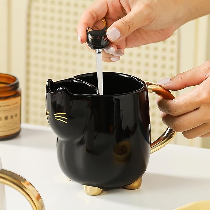 Yuwu 17oz Black Cat Mug with Built-in Filter and Spoon – Glossy Ceramic Tea kitty Mug for Cat Lovers – Elegant Gift for Men, Women, Office, Birthday, Halloween, Christmas