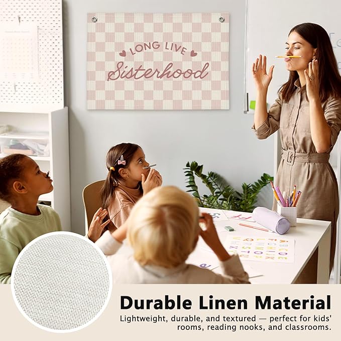 Long Live Sisterhood Preppy Pink Checkered Girls Room Decor - Linen Banner Wall Hanging Canvas Banner Flag Decor for Toddler Girly Bedroom Playroom Nursery Dorm Apartment
