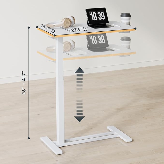 FLEXISPOT H7 Adjustable Overbed Bedside Table with Wheels Pneumatic Mobile Standing Desk Laptop Desk Rolling Computer Cart Movable Overbed Table Hospital Home Use(27.6" W x 15.7" D, White Maple)