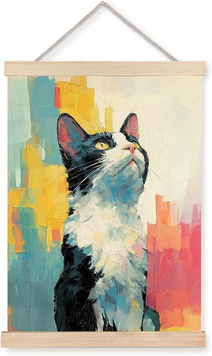 bitCNY Colorful Cat Wall Art – 12x16 Inch Bright Abstract Tuxedo Canvas Print, Modern Pet Painting for Cat Lovers & Kids’ Room