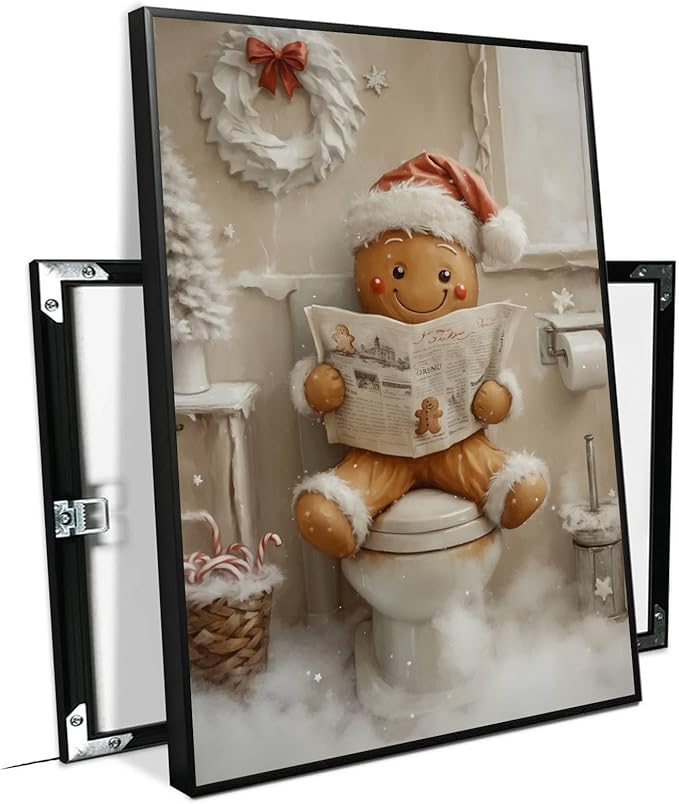 Christmas Bathroom Canvas Painting Gingerbread Man Holiday Print Santa Hat Cookie Character Wall Art Vintage Rural Art Winter print Indoor Decor for Bathroom Living Room Funny Framed Ready to Hang