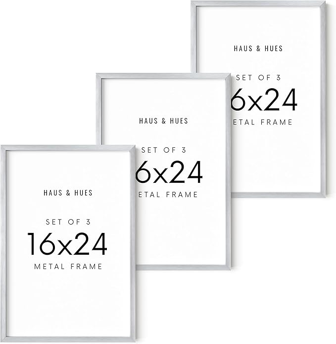 HAUS AND HUES 16x24 Silver Metal Picture Frames - Features Premium Aluminum, Vertical & Horizontal Hang, Shatterproof Plexiglass - Perfect for Home, Room, Office (16x24 in, Silver, Set of 3)