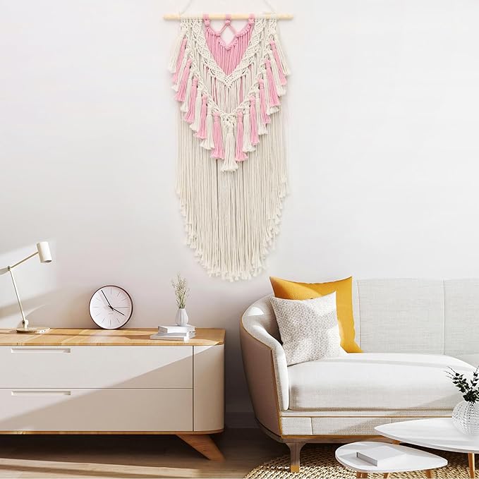 LB Pink Macrame Wall Hanging, Handmade Woven Tapestry Wall Hanging Modern Pink and Beige Wall Decor for Living Room Bohemian Macrame Wall Art for Office Apartment Bedroom Backdrop,15.7" W x 30.7" L