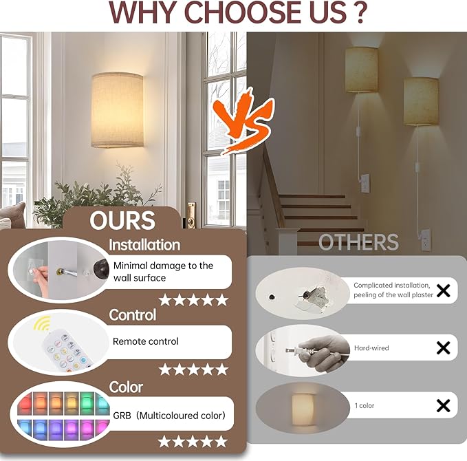 Adhesive Battery Operated Wall Sconce Set of 2, 6000 mAh Battery Rechargeable Bulb with 12 RGB Colors, Stick on Wall Sconce No Drill Wall Lights, Linen