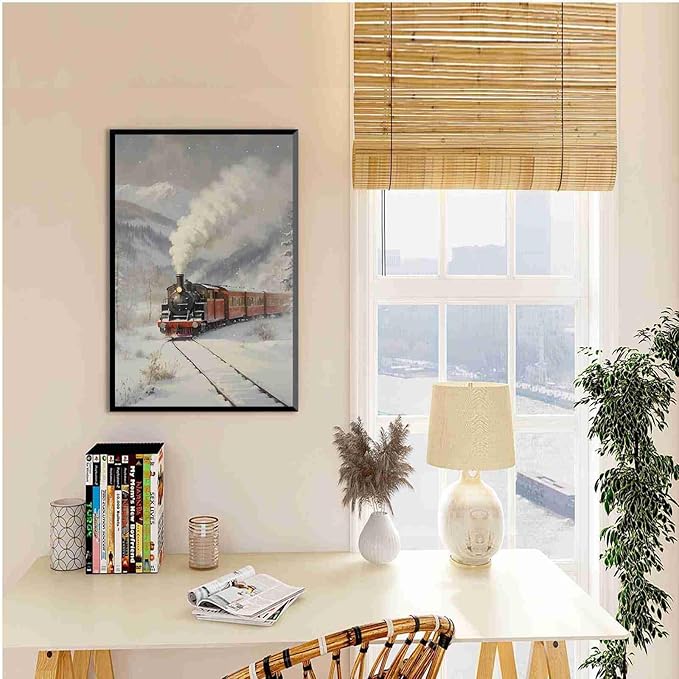 Framed Canvas Wall Art Christmas Print Train Painting Winter Scenery Landscape Snowy Railroad Wall Art Moody Christmas Decor 24x36in Metal blackFramed