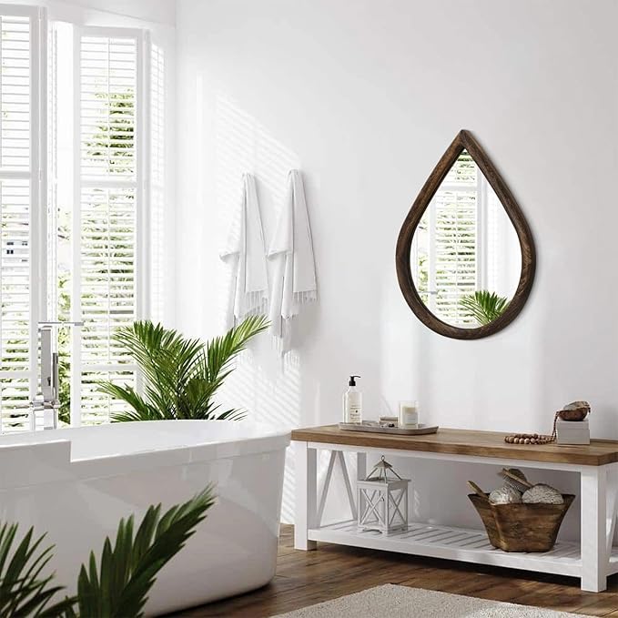 Wood Frame Mirrors for Wall Rustic Retro Hanging Mirrors Drop Shaped Wall Decor Mirror Wall Mounted Irregular Bathroom Bedroom Mirror 16x20 Inches