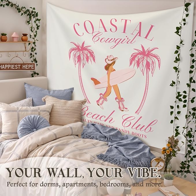 STHTTSW Coquette Coastal Cowgirl Tapestry, Pink Aesthetic Tapestries Wall Blanket, Preppy Girly Wall Hanging Decor for Teen Girl Women Room College Dorm Apartment Bedroom, 50x60 Inch