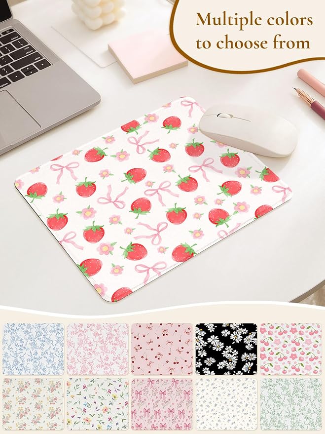 Cute Pink Mouse Pad,Waterproof Aesthetics Bowsknot Mouse Pads Design, Non-Slip Rubber Base Computer Simple Funny Mousepad,Small Mouse Mat Desk Accessories Office Supplies,Red Strawberry Bow