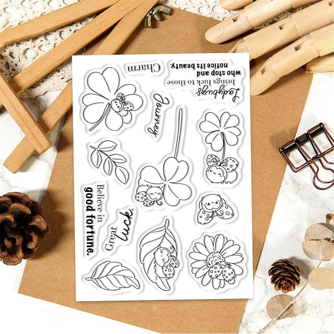 Ladybug Four-Leaf Clover Stamps and Cutting Dies for Card Making DIY Transparent Silicone Clear Stamp and Metal Die Cuts Sets for Scrapbooking Paper Greeting Cards Decor Seals Craft Supplies