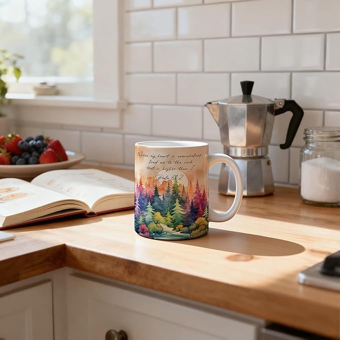 Inspirational Christian Mug 11 oz, When My Heart Is Overwhelmed Psalm 61:2 Bible Verse Coffee Cups Ceramic, Watercolor Forest Religious Ceramic Mug for Coffee Tea Hot Cocoa Home Office Work