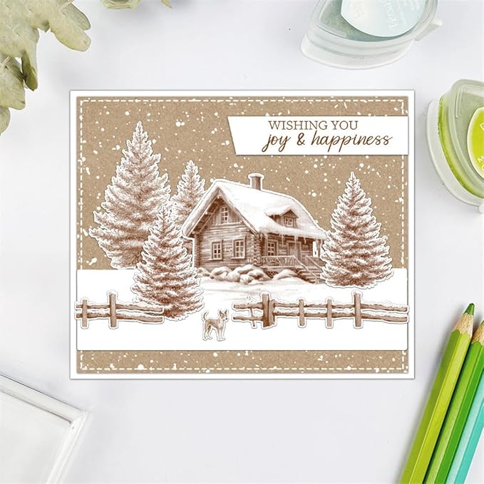 Christmas Snow House Pine Tree Stamps and Cutting Dies for Card Making DIY Transparent Silicone Clear Stamp and Metal Die Cuts Sets for Scrapbooking Paper Greeting Cards Decor Seals Craft Supplies