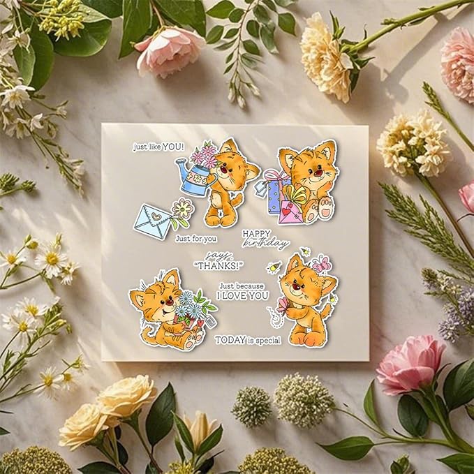 Orange Cat Flower Gift Stamps and Cutting Dies for Card Making DIY Transparent Silicone Clear Stamp and Metal Die Cuts Sets for Scrapbooking Paper Greeting Cards Decor Seals Craft Supplies