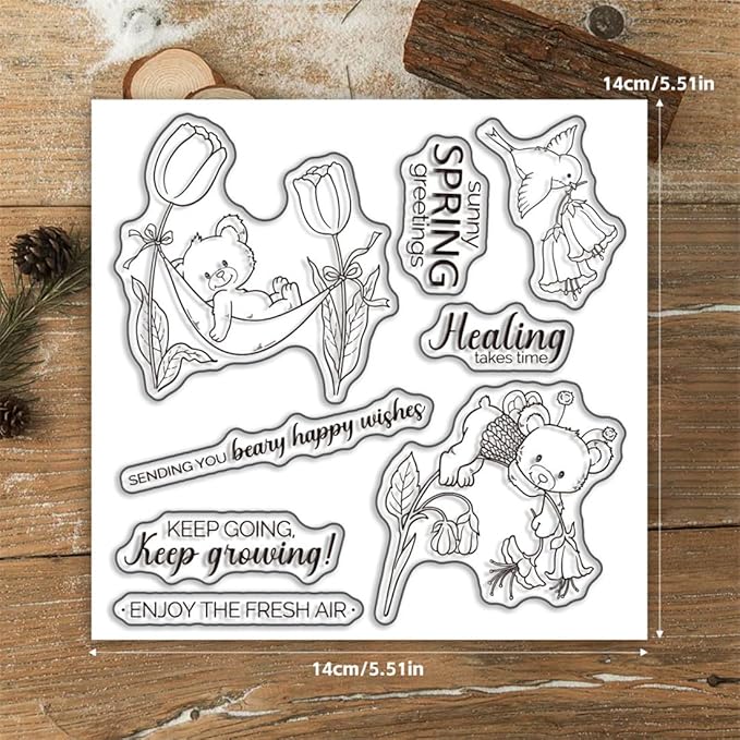 Spring Flower Bear Stamps and Cutting Dies for Card Making DIY Transparent Silicone Clear Stamp and Metal Die Cuts Sets for Scrapbooking Paper Greeting Cards Decor Seals Craft Supplies
