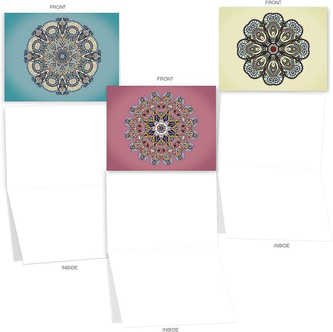 The Best Card Company - 10 Blank Note Cards Assortment (4 x 5.12 Inch) - Zen Patterns and Symbols, Bulk Boxed Set - Mandala Mania M3964
