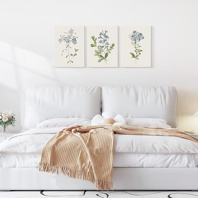 3 Pcs Framed Blue Botanical Canvas Wall Art Vintage Floral Plant Print Posters Rustic Farmhouse Minimalist Flower Decor for Living Room Bedroom 16x24 inch Ready to Hang