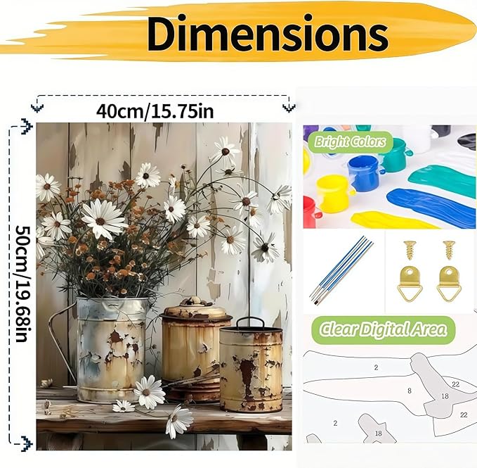 Flowers Paint by Numbers Kit for Adults Beginners, Floral in Tin Cans Adult Paint by Number Kits On Canvas,Acrylic Easy Oil Painting Kit Watercolor Painting Art Crafts for Home Wall Decor 16X20 Inch
