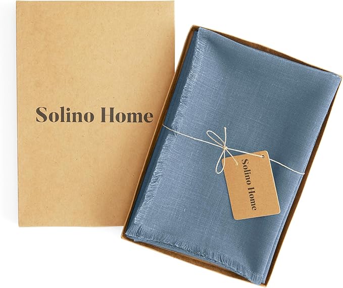 Solino Home Fringe Linen Napkins Set of 4-100% Pure Linen Dusty Chambray Blue Dinner Napkins 20 x 20 Inch for Winter, Spring, Easter - Handcrafted and Machine Washable