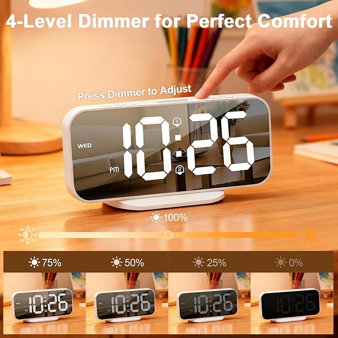 ALANAS Digital Alarm Clock for Bedrooms, Dual Alarms with Snooze, Big LED Mirror Display, 4-Level Dimmer & 2 USB Ports, Plug in Clocks, Aesthetic Modern Desk Clock for Home Office, Gift