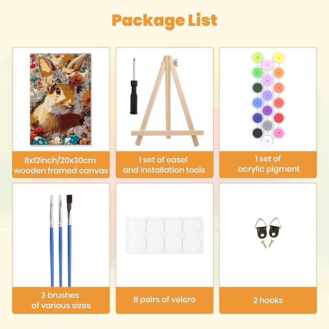 MXJSUA Easter Framed Paint by Numbers for Adults Beginners, Easy Adults' Paint-by-Number Kits on Canvas with Easel, Flowers Bunny Acrylic Number Painting Crafts Kits Gifts for Home Decor, 8x12inch