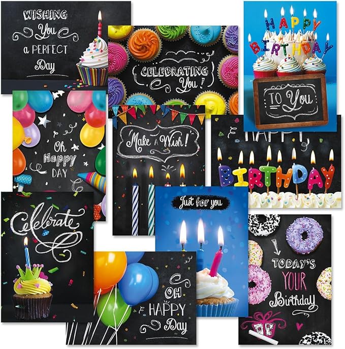 Current Blackboard Happy Birthday Greeting Card Set - Value Pack of 20 Cards With White Envelopes, 10 Designs, Large 5" x 7" Assortment