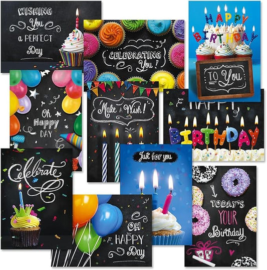 Current Blackboard Happy Birthday Greeting Card Set - Value Pack of 20 Cards With White Envelopes, 10 Designs, Large 5" x 7" Assortment