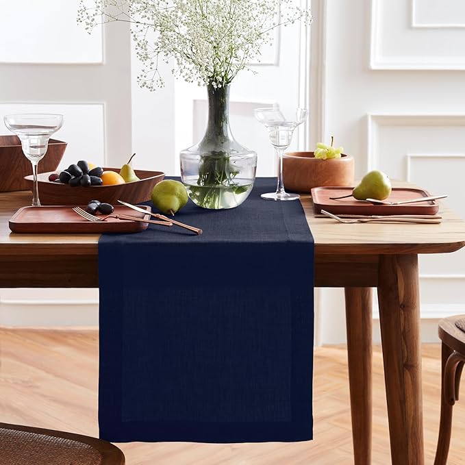 Solino Home 100% Pure Linen Table Runner 36 Inches - Indigo Navy 14 x 36 Inch for Dresser and Coffee Tables, Winter, Easter - Sonoma Collection