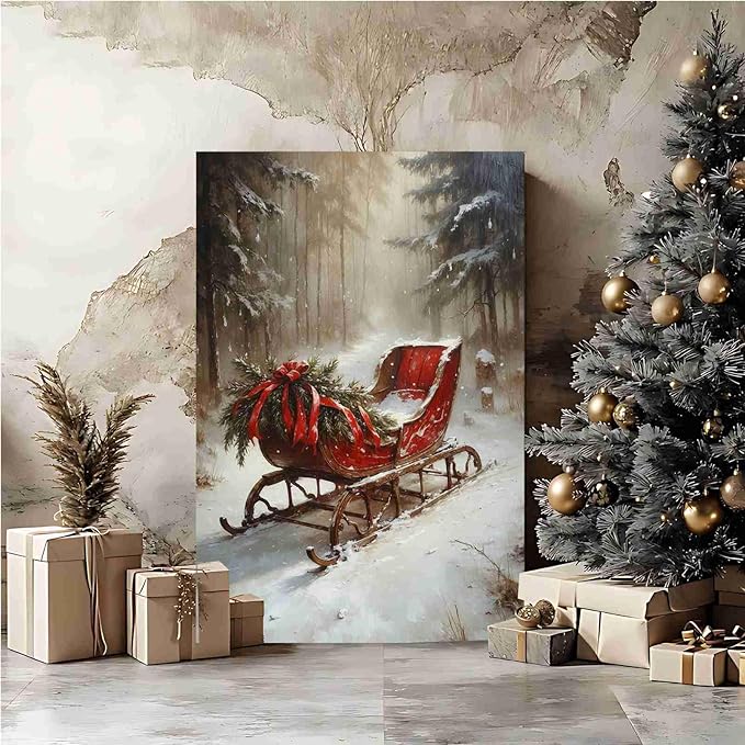 Vintage Christmas Canvas Wall Art Holiday Ride Painting Snowy Woodland Print Classic Sleigh Wall Decor Rustic Landscape Poster Indoor Decor for Offices Living Room Winter Holiday Framed Ready to Hang