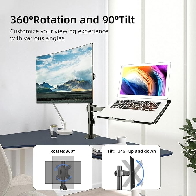 Suptek Monitor and Laptop Mount Holds 13-32 inch Computer Screen,Adjustable Monitor Arm Stand with Laptop Tray for 13-27 inch,Hold 22 lbs, with Clamp and Grommet Mounting Base